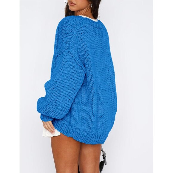 Womens Trendy Cardigan Sweaters Blue Long Sleeve Chunky Knit Outfits - Picture 2 of 8